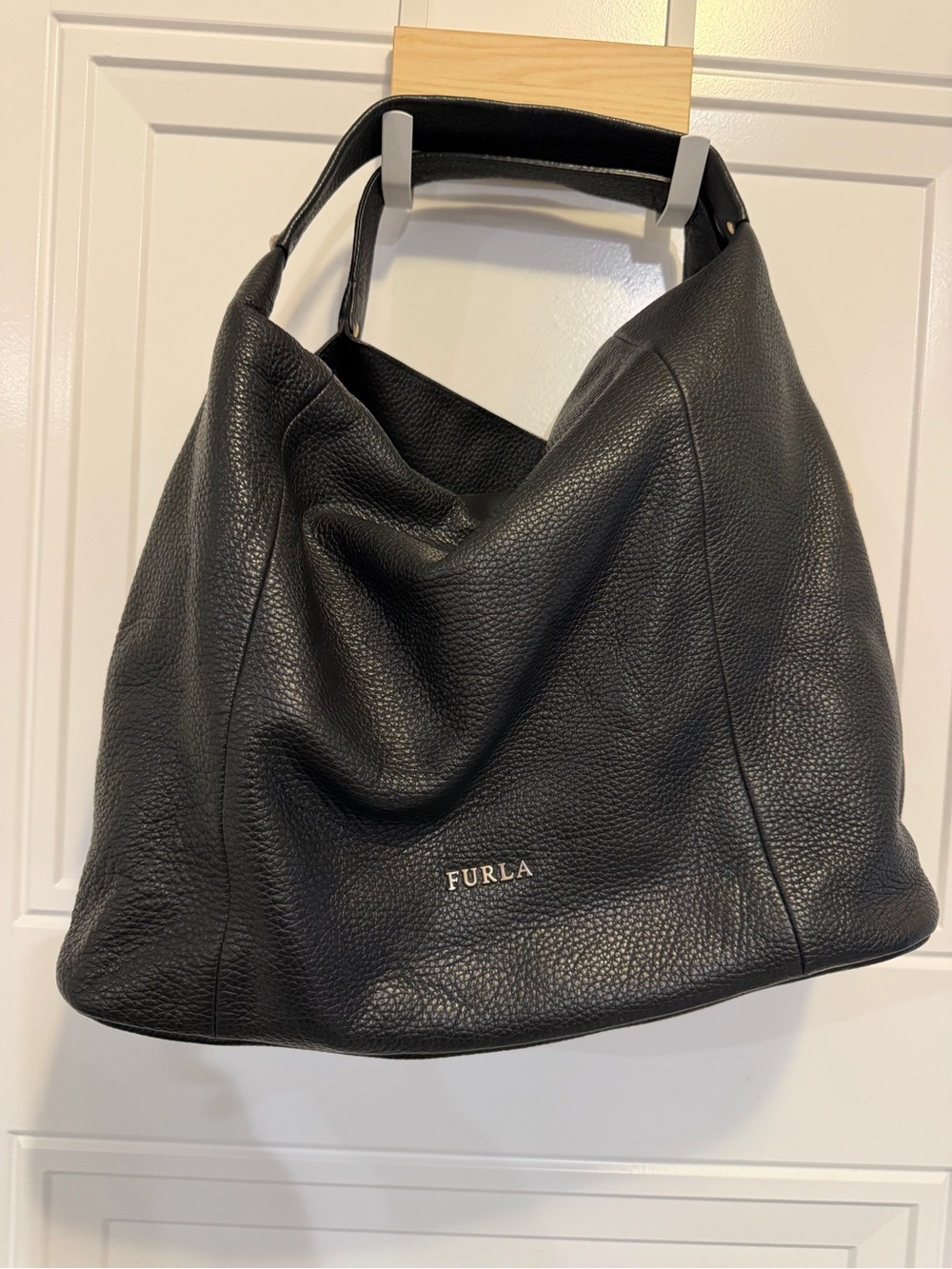 Furla Black Genuine Pebbled Leather Large Hobo Shoulder Bag Slouchy Handbag